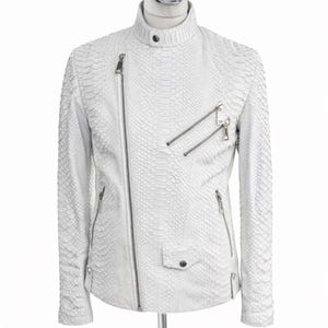 Cappotto in pelle di pitone bianco stile motociclista, in pelle di serpente, regalo di lusso per uomo, marito e padre