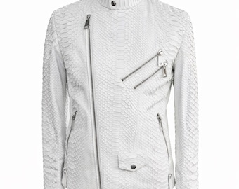 Witte python leren jas in bikerstijl met slangenleer luxe heren designer cadeau echtgenoot vader