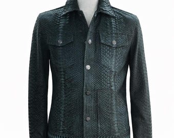 Zwart leren python-truckerjack voor heren, exotische slangenleer jas met knopen aan de voorkant