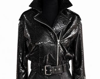 Zwart echt pythonleren cropped jack dames moto slangenleer jas met riem en riem