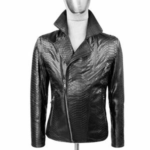 Black Genuine Python Leather Biker Jacket for Men Asymmetric Zip