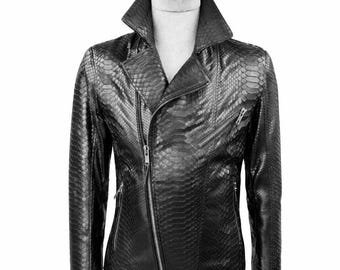 Zwart echt pythonleren bikerjack voor heren, asymmetrische ritssluiting