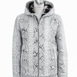 Gray Python Leather Hooded Bomber Exotic Snakeskin Zip Up Luxury Mens Streetwear Gift