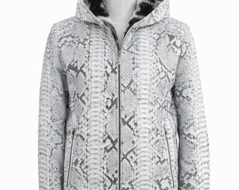 Bomber à capuche en cuir de python gris exotique en peau de serpent - Cadeau streetwear de luxe pour homme