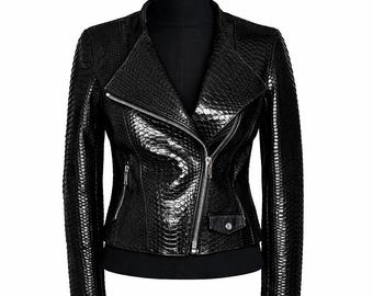 Zwart leren cropped motorjack dames echte slangenleer bikerjas