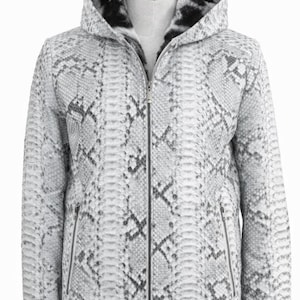 Gray Python Leather Hooded Bomber Exotic Snakeskin Zip Up Luxury Mens Streetwear Gift