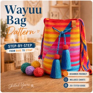 Puede incluir: Un patrón de bolso Wayuu colorido con un diseño a rayas en rojo, naranja, amarillo y rosa. El bolso tiene borlas azules y un cordón azul. El texto dice 'Wayuu Bag Pattern' y 'Step-by-Step'. Incluye gráficos y una guía de 201 puntos. Para principiantes.