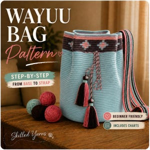 Puede incluir: Un patrón de bolso Wayuu azul claro con una parte superior estampada y borlas. El bolso tiene una correa a rayas y está acompañado de ovillos de lana de varios colores. El texto de la imagen dice "Wayuu Bag Pattern" y "Beginner Friendly".