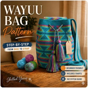 May include: A teal Wayuu bag pattern featuring geometric designs in pink, yellow, and green. The bag has a drawstring closure with two large tassels, a long shoulder strap, and is accompanied by four balls of yarn and a small brown tag.