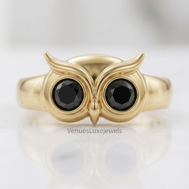 Gold Owl Ring with Black Diamond Eyes, Whimsical Animal Jewellery, Unique Statement Ring for Women, 