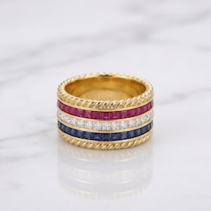 Princess Sapphire Ruby Diamond Eternity Ring, Gold Rope Edge Channel Set Wide Band, Gemstone Multi Gem Anniversary Ring, Vintage Style Gifts