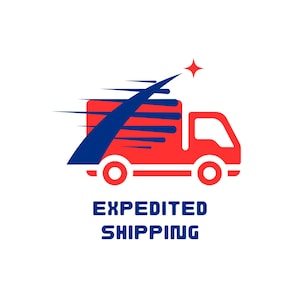 May include: A red and blue graphic icon of a delivery truck with motion lines and a star symbol above it. The text EXPEDITED SHIPPING is printed in blue capital letters below the truck illustration, which conveys a sense of rapid movement.