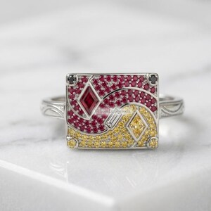 Art Deco Geometric Germany Flag Diamond Ring, 14K Gold Multi-Stone Statement Ring for Women, Kite Cut Ring, VenuesLuxeJewels Custom Gifts