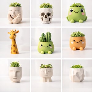 May include: A collection of decorative planters in various shapes and colors. The planters include a face, a skull, a frog, a giraffe, a cactus, and a geometric design. Each planter holds a small green plant, adding a touch of nature to the designs.