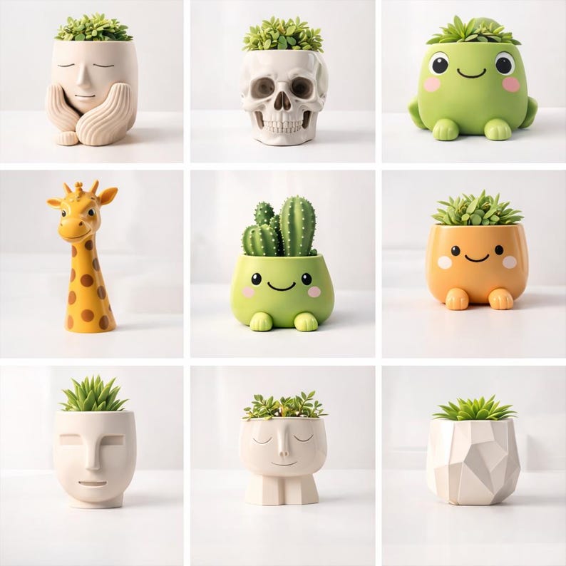 May include: A collection of decorative planters in various shapes and colors. The planters include a face, a skull, a frog, a giraffe, a cactus, and a geometric design. Each planter holds a small green plant, adding a touch of nature to the designs.
