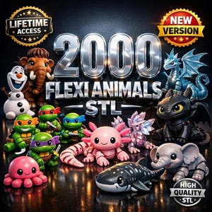 Puede incluir: Imagen promocional que muestra una colección de animales flexibles impresos en 3D. La imagen presenta varios personajes de dibujos animados y criaturas, incluyendo un muñeco de nieve, un elefante, tortugas, un ajolote y dragones. El texto incluye "2000 FLEXI ANIMALS STL", "LIFETIME ACCESS", "NEW VERSION" y "HIGH QUALITY STL".