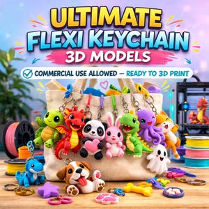 Può includere: Una borsa di tela con portachiavi flexi 3D colorati. I portachiavi includono una tartaruga, un drago, un panda, un coniglio, un dinosauro, un polpo, un gatto, un fantasma e un cane. Il testo sull'immagine recita "ULTIMATE FLEXI KEYCHAIN 3D MODELS" e "COMMERCIAL USE ALLOWED - READY TO 3D PRINT."