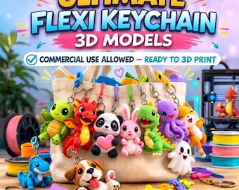 May include: A canvas tote bag filled with colorful 3D-printed flexi keychains. The keychains include a turtle, dragon, panda, bunny, dinosaur, octopus, cat, ghost, and dog. Text on the image reads "ULTIMATE FLEXI KEYCHAIN 3D MODELS" and "COMMERCIAL USE ALLOWED - READY TO 3D PRINT."
