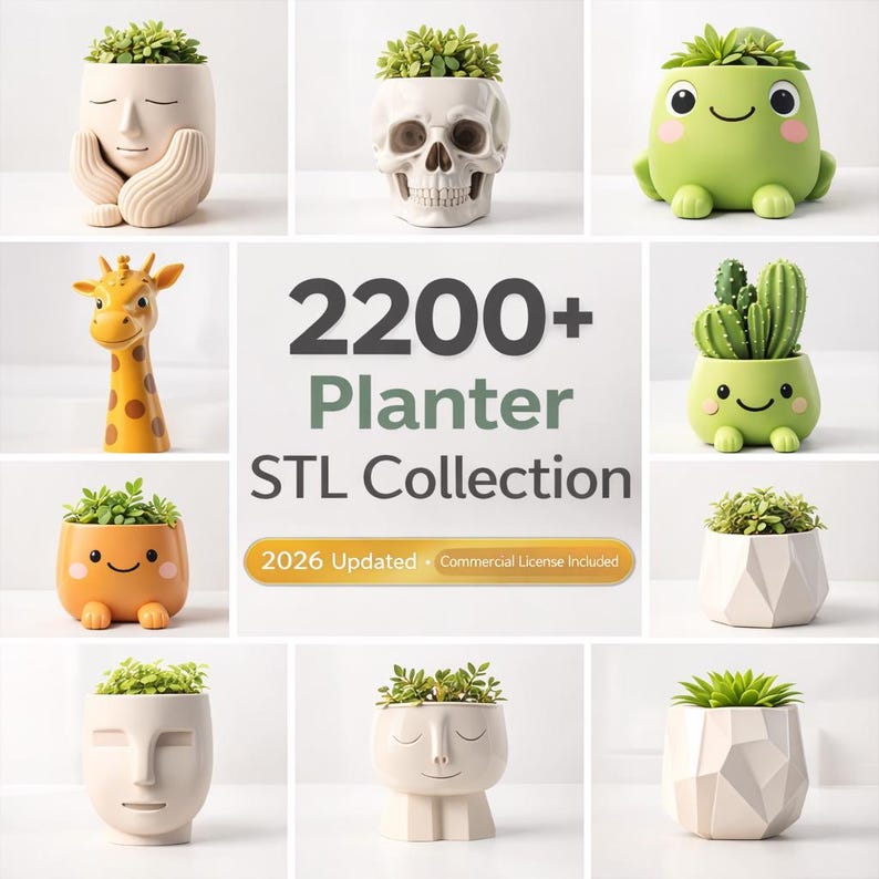 May include: A collection of unique planters, including a skull, giraffe, and geometric designs, each holding greenery. The image features the text "2200+ Planter STL Collection" with an update date of 2026.