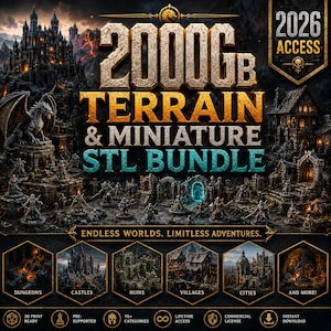 Peut inclure: Un ensemble numérique de 2000 Go de fichiers STL de terrain et de figurines pour impression 3D, incluant des châteaux, dragons, ruines et villages fantastiques. L'image affiche le texte 2026 ACCESS, ENDLESS WORLDS. LIMITLESS ADVENTURES et des catégories.