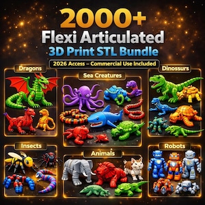 May include: A promotional image showcasing a 3D print STL bundle with over 2000 flexi articulated models. The image features various categories, including dragons, sea creatures, dinosaurs, insects, animals, and robots. The text indicates commercial use is included.