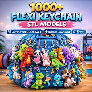 May include: A blue bag filled with colorful flexi keychains in various animal shapes, including a turtle, dragon, panda, bunny, dinosaur, dog, and octopus. The image includes text that says "1000+ Flexi Keychain STL Models".