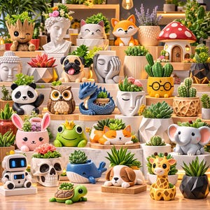 May include: A collection of decorative planters in various shapes, including animals, faces, and geometric designs. The planters are filled with succulents and other small plants. The colors are vibrant, with a mix of white, yellow, green, and brown.