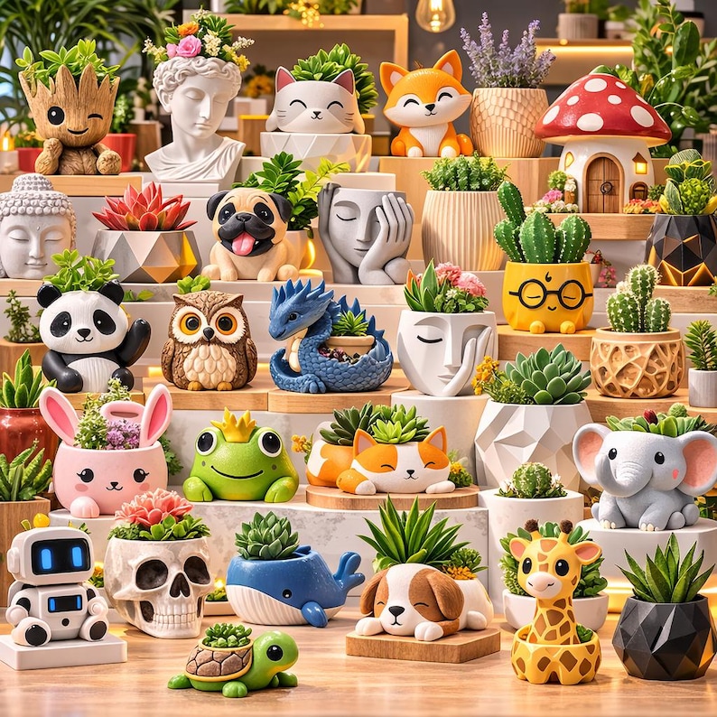 May include: A collection of decorative planters in various shapes, including animals, faces, and geometric designs. The planters are filled with succulents and other small plants. The colors are vibrant, with a mix of white, yellow, green, and brown.