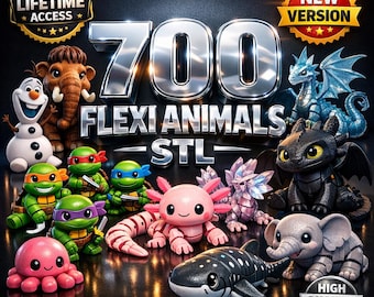 May include: A promotional image showcasing a collection of 3D-printed Flexi Animals. The image features various colorful figurines, including a snowman, elephant, dragon, and axolotl. Text includes "700 Flexi Animals STL", "Lifetime Access", "New Version", and "High Quality STL".