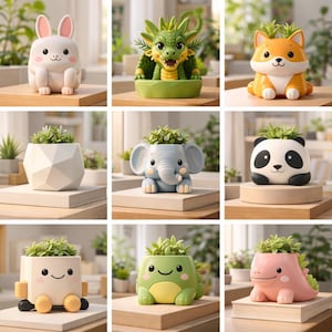 May include: A collection of whimsical animal-shaped planters, including a white bunny, a green dragon, and an orange fox. Each planter holds a small succulent plant. The planters are made of ceramic and are designed for indoor use.