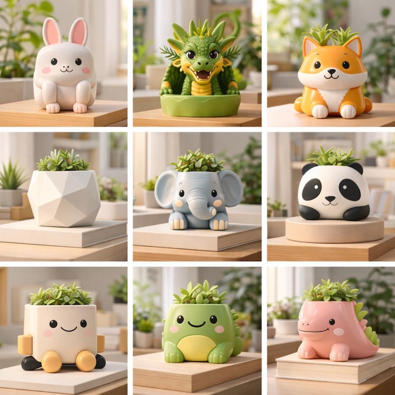 May include: A collection of whimsical animal-shaped planters, including a white bunny, a green dragon, and an orange fox. Each planter holds a small succulent plant. The planters are made of ceramic and are designed for indoor use.