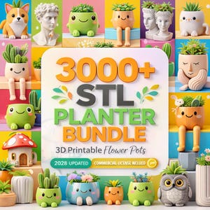 May include: A vibrant image showcasing a collection of whimsical 3D-printed planters. The planters feature various designs, including animal shapes, faces, and a mushroom house. The image includes the text "3000+ STL PLANTER BUNDLE" and "3D Printable Flower Pots".