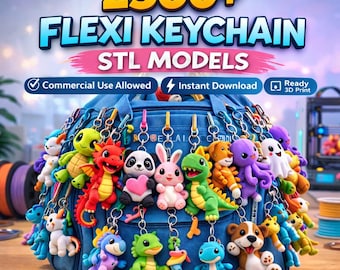 May include: A collection of colorful, flexible keychain models, including dragons, pandas, and bunnies, hanging from a blue bag. The image includes text that reads "2500+ FLEXI KEYCHAIN STL MODELS" and icons for commercial use, instant download, and ready 3D print.