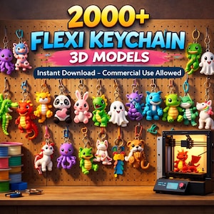 以下が含まれることがあります： カラフルな3Dプリントのフレキシブルキーチェーンのコレクション。ドラゴン、パンダ、おばけ、その他の可愛い生き物が含まれています。キーチェーンは、「2000+ FLEXI KEYCHAIN 3D MODELS」のテキストが入った木製のペグボードに展示されています。3Dプリンターも表示されています。