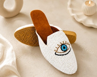 Evil Eye Beaded Mules White, Handmade Boho Flat Slip On Shoes, Nazar Amulet Backless Loafers, Bohemian Shoes for Women