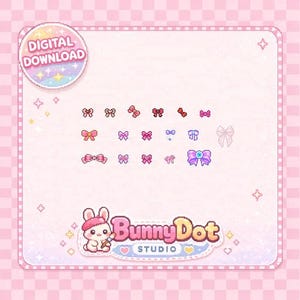 Op de afbeelding: Een digitale downloadafbeelding met een verzameling gepixelde strikken in verschillende kleuren, waaronder roze, rood en paars. De afbeelding bevat de tekst "DIGITALE DOWNLOAD" en het BunnyDot Studio-logo, alles tegen een roze achtergrond.