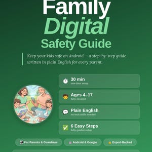 Op de afbeelding: Een groene digitale gids getiteld "Family Digital Safety Guide" met de tekst "Keep your kids safe on Android." Kenmerken zijn een installatie van 30 minuten, leeftijden 4-17, duidelijke Engelse taal en 6 eenvoudige stappen. Inclusief een familie-illustratie.