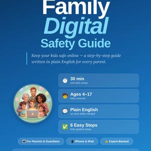 May include: A blue digital guide titled "Family Digital Safety Guide" with the text "Keep your kids safe online." Features include a 30-minute setup, ages 4-17, plain English, and 6 easy steps. Includes "Instant Digital Download."
