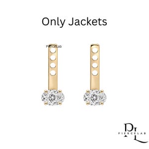 May include: A pair of gold earring jackets featuring a vertical bar with four circular cutouts and a base set with a cluster of clear, oval-shaped stones. The text 'Only Jackets' appears at the top, and 'PierceLab' is visible near the left earring.
