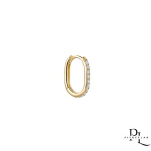 May include: A single gold-colored oval hoop earring. The earring is lined with small, clear gemstones along one side. The earring is a simple, elegant design.