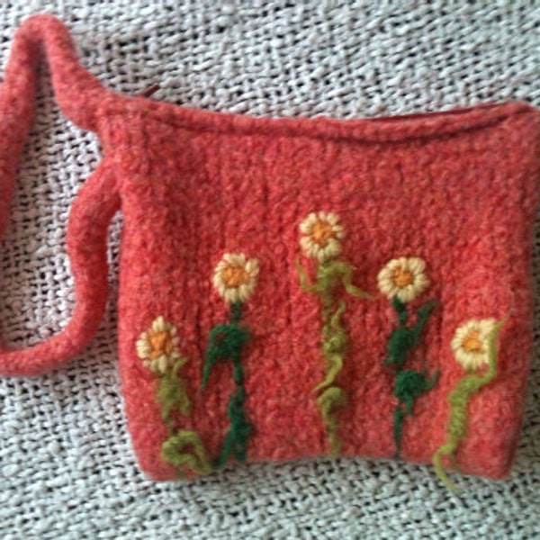 Coral Felted Wristlet, zippered wallet, pink clutch, coral purse, lined and embroidered with flowers