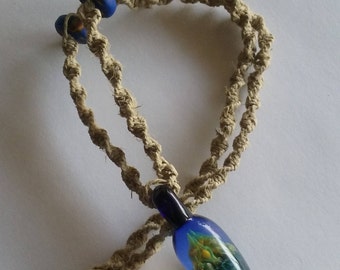 Beautifully-detailed handmade glass pendant hemp necklace with handmade clay beads, handmade jewelry, hippie necklace