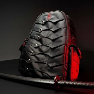 Puede incluir: Una mochila negra con un diseño en capas similar a una armadura en el panel frontal, con ojales metálicos plateados y un símbolo bordado en rojo en la parte superior. Una espada katana negra con mango texturizado se sitúa horizontalmente al frente.