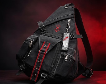 Berserking Anime Premium Denim Crossbody Backpack | Anime Bag | Japanese Streetwear Bag | Retro Anime Sling Backpack | Anime Gift
