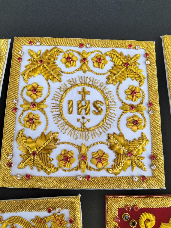 Hand Embroidered IHS Gold Bullion Pall | Byzantine Catholic Vestment Embroidery