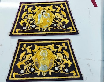 Puños ortodoxos Epimanikia bordados a mano / Iconos de la Virgen María y el Arcángel, vestimenta bizantina con hilo de oro