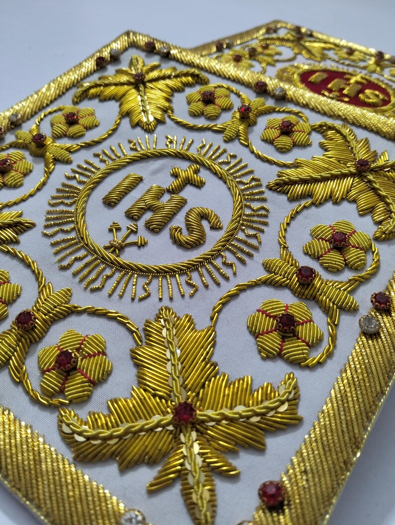 Hand Embroidered IHS Gold Bullion Pall | Byzantine Catholic Vestment Embroidery image 6