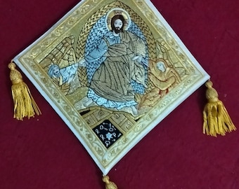 Palitsa de Epigonación bordada a mano / Icono de la Resurrección Vestimenta ortodoxa, Rodillera de obispo de oro