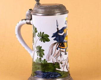 Antique German Beer Stein | Faience Tankard With Saint George Slaying The Dragon | c1800s