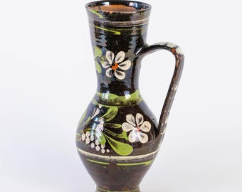 Antique Romanian Traditional Jug | Earthenware Birnkrug Handpainted with Flowers | c1900s